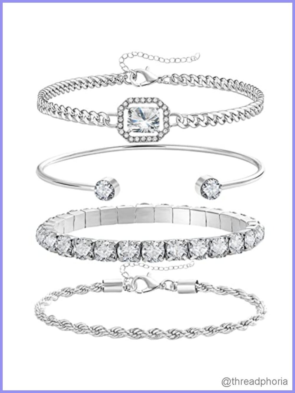 Dainty Silver Bracelet Set 14K Plated Link Bangle Charm (4 Pcs)
